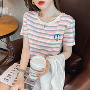以純（YISHion）時尚刺繡條紋短袖t恤女純棉女裝夏裝2025年新款韓版潮ins圓領(lǐng)上衣 2024#杏粉條紋 XL 適合120-135斤
