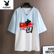 花花公子（PLAYBOY）男生漸變色短袖T恤夏季ins潮流男裝新款寬松半袖上衣初中生t恤衫 1-8 中國紅 2XL 125-140斤
