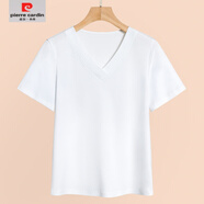 皮爾卡丹（pierre cardin）180支雙面絲光棉交叉v領(lǐng)短袖T恤女2025夏季基本款露鎖骨體恤 白色 M 85-105斤