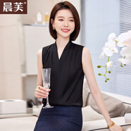 晨芙職業(yè)無(wú)袖V領(lǐng)襯衫女夏季高級感西裝內搭背心打底衫上衣雪紡白襯衣 黑色襯衫(0081褶皺款) XL 建議109-117斤