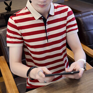 花花公子（PLAYBOY）夏季純棉條紋polo衫男士牌薄款翻領(lǐng)短袖t恤新款修身商務(wù)休閑半袖 al1815紅色 M