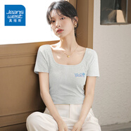 真維斯（Jeanswest）短袖t恤女夏季衣服緊身短T女裝短款辣妹女生小眾修身方領(lǐng)顯瘦半袖 淺花灰 浪漫花朵藍_K L