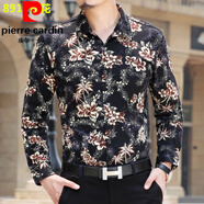 皮爾卡丹（pierre cardin）夏季青年男士短袖襯衫中年大花印花t恤男純棉半袖碎花花襯衣薄款 8816椰樹長(zhǎng) 袖黃色 S 165建議100125斤