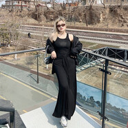 LTGIRL設計感假兩件美式街頭顯瘦黑色背心裙中長(cháng)款無(wú)袖連衣裙長(cháng)裙 黑色 均碼 m