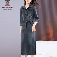 AEMAPE牛仔連衣裙女潮2025春秋女裝新款減齡七分袖休閑顯瘦中長(cháng)款裙子女 圖片色 L 建議 100-115 斤