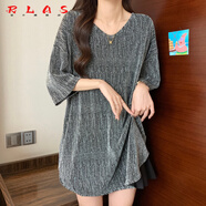 RLAS美式寬松短袖t恤女夏裝大碼半袖打底衫胖mm顯瘦中長(cháng)款遮屁股上衣 銀色【今年流行漂亮/超洋氣歐貨 M 【建議80-100斤】