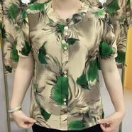 暢印夏季新款洋氣彈力短袖時(shí)尚媽媽裝中老年女裝寬松遮肉休閑打底衫 綠大花（洋氣立領(lǐng)） XL 95斤-120斤