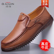 澳倫高檔歐倫男鞋春季真皮商務(wù)休閑套腳皮鞋軟底輕便百搭懶人豆豆鞋 棕色 38