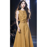 芷依麗（ZHIYILI）無(wú)袖連衣裙女夏季新款法式收腰長(zhǎng)裙氣質(zhì)御姐風(fēng)黃色背心連衣裙女 黃色 S