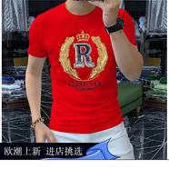 OLOMM歐洲站短袖T恤男潮牌個性重工刺繡字母夏季新款修身半袖打底衫男 皇冠春夏#本命年紅色 3XL