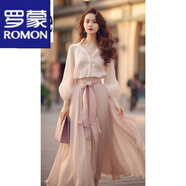 羅蒙（ROMON）連衣裙女2023春秋季新款小香風(fēng)女裝減齡洋氣休閑雪紡襯衫半身裙子 襯衣 S