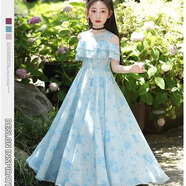 女童碎花連衣裙夏季2025新款小女孩中長(zhǎng)款裙子兒童夏裝大童雪紡裙 8803藍(lán)色送鎖骨鏈 160