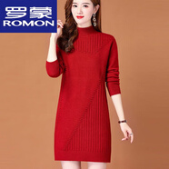 羅蒙（ROMON）高檔羊毛衫秋冬新款半高領(lǐng)羊毛衫女套頭中長(cháng)款毛衣大尺碼寬松羊毛 酒紅色 S 80-95斤