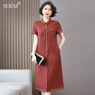SOEM香云紗洋裝新款2025春夏真絲紅云紗媽媽中長裙繡花大尺碼連衣裙 圖片色 4XL 建議145-160斤