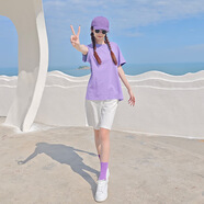 冠貿裴夏季糖果色閨蜜裝寬松短袖恤姐妹班服團體活動款 淺紫色T恤+帽子+襪子+眼鏡+短褲 S 【75-80斤】