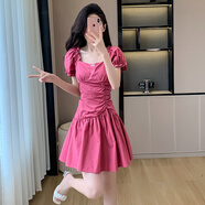 皮爾卡丹2024夏季新款輕奢法式顯瘦連衣裙夏季時(shí)尚氣質(zhì)玫紅連衣裙A字裙 枚紅色 S