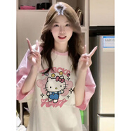 冠軍閃電美國重磅Hellokitty凱蒂貓插肩拼色短袖T恤大碼女裝甜美百搭半袖 D HZ022 杏色拼粉色 2XL 【建議140-160斤】