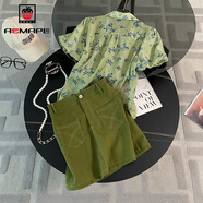 AEMAPE2025夏季新款可鹽可甜綠色短袖襯衣搭配牛仔短裙洋氣減齡時(shí)尚套裝 綠色上衣+短裙 【兩件套】 S