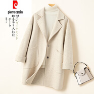 皮爾卡丹（pierre cardin）雙面羊絨大衣女西裝領中長款韓版繭型寬松小個子呢子外套 混米白 M 116-130斤