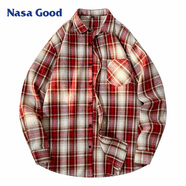 NASA GOOD長(cháng)袖襯衫男春夏季韓版潮流格子襯衣青年休閑寬松外套 紅L