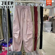 JEEP SPIRIT特大碼300斤束腳闊腿工裝褲男女夏季薄款松緊腰復古大口袋休閑褲2 粉色 L 建議85-115斤