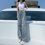 以純A21破洞牛仔褲女夏2025春秋新款高腰顯瘦直筒垂感小個(gè)子闊腿褲ins 藍(lán)色 XS