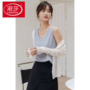 浪莎（LangSha）雙層雪紡吊帶背心女2024春夏v領寬松外穿內搭白色打底衫無袖上衣 V領藍色 M （90-105斤）