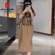 皮爾卡丹（pierre cardin）印花短袖T恤連衣裙夏季寬松顯瘦開叉大碼休閑裙子長裙歐美風 卡其色 XL 140到160斤