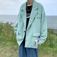 爵明威燈芯絨西服春秋季男士小西裝潮流復古港風外套bf韓版痞帥寬松休閑 綠色 M