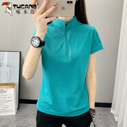 啄木鳥(niǎo)立領(lǐng)短袖t恤女2025新款夏季拉鏈款速干透氣休閑運動(dòng)薄上衣 天青色 3XL 建議140-155斤