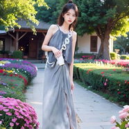 FHHUABD韓系套裝女夏季小清新吊帶無(wú)袖上衣高腰顯瘦開(kāi)叉半身長(cháng)裙子兩件套 半身裙 L