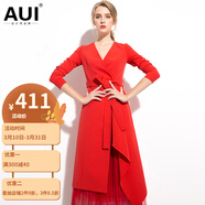 AUIV領連衣裙女裝2019春秋歐美風時尚名媛修身紅色中長款裙子 紅色 S