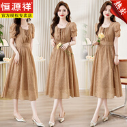 恒源祥超仙御姐風(fēng)雪紡連衣裙2025年夏季新款洋氣減齡高級感遮肚顯瘦裙子 卡其 M