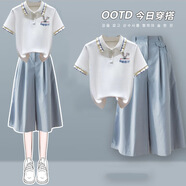 DOGHC大童女裝套裝夏新款12-15歲初中學(xué)生少女polo領(lǐng)短袖t恤七分闊腿褲 白色-長(cháng)耳朵兔子+藍褲裙【套裝 薄款 170 (XL) 建議115-130斤