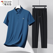 啄木鳥(niǎo)爸爸夏裝套裝冰絲短袖t恤男中年男士polo衫涼感夏季中老年人男裝 霧霾蘭短袖+黑色褲子 3XL 【建議165-185斤】