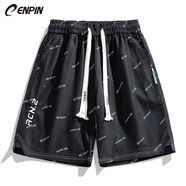 CENPIN牛仔短褲男士夏季薄款寬松直筒五分褲休閑褲子牌中褲運動褲 黑色 M 90至110斤
