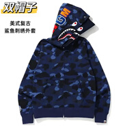 安初夏春秋新款猿人鯊魚外套男刺繡字母雙帽鯊魚衛(wèi)衣學生情侶開衫衣服潮 W28藍色【個性雙帽設計】 L 建議100-115斤