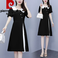 皮爾卡丹（pierre cardin）氣質(zhì)甜美微胖妹妹夏天中長(zhǎng)裙收腰顯瘦大尺碼女裝時(shí)尚韓版胖人連衣 黑色 【關(guān)注店鋪優(yōu)先發(fā)貨】 L 建議100-115斤
