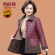 俞兆林（YUZHAOLIN）中年媽媽冬裝外套加厚PU皮棉衣中老年女時尚大碼羊羔絨翻領皮棉襖 紅色 XL (參考90-105斤)