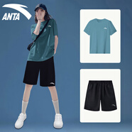 安踏（ANTA）運(yùn)動套裝女冰絲速干T恤短褲女士夏季薄短袖跑步健身運(yùn)動服體考女 云霄藍(lán)/基礎(chǔ)黑-速干套裝 M