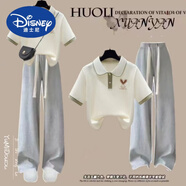 迪士尼（Disney）女童夏季小清新套裝少女初中學(xué)生POLO領(lǐng)短袖T恤休閑闊腿褲兩件套 杏拼綠上衣+灰色褲子 120 cm
