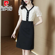 皮爾卡丹（pierre cardin）假兩件雪紡連衣裙女士夏季新款蕾絲泡泡袖裙子V領(lǐng)收腰英倫風(fēng)a字裙 圖片色 L 105-115斤