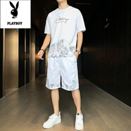 花花公子兩件套裝男士2025新款冰絲夏季一套休閑搭配潮流男裝衣服短袖t恤 0815白色 L