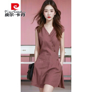 皮爾卡丹（pierre cardin）豆沙紅V領(lǐng)收腰無袖亞麻連衣裙女夏季2025年冷淡系大方得體的裙子 WH2964#豆沙紅連衣裙 M 建議 95-105斤