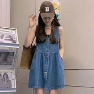 閑合漫胖MM特大碼300斤時尚百搭V領(lǐng)牛仔連衣裙女夏季寬松休閑無袖背帶裙 牛仔藍(lán) XL 建議80-110斤