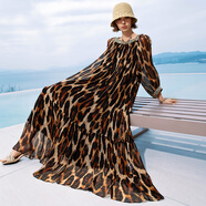 淘顏說(shuō) (TAOYANSHUO)桑蠶絲連衣裙夏新款真絲印花豹紋四方領(lǐng)七分袖寬松大碼長(cháng)裙 花色 L