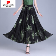皮爾卡丹（pierre cardin）中國風(fēng)垂感雪紡印花半身裙松緊腰新款a字裙時尚中長款媽媽裙 綠鳳凰花 M 長款  均碼 (裙長85c)