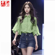 莜仙格襯衣2025年新款女果綠色荷葉袖襯衫設(shè)計(jì)感奶系溫柔法式獨(dú)特小上衣 綠色 L 106-115斤
