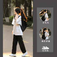 MZPLOI學(xué)院風(fēng)女裝夏季韓版闊腿褲一套衣服初中學(xué)生少女搭配全整原宿套裝 白色上衣＋黑色褲【兩件套】 S