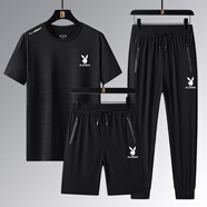 花花公子（PLAYBOY）夏季冰絲運動套裝男速干跑步短褲短袖T恤大碼休閑父親裝 TZ 黑色T恤+短褲+長褲 【冰絲三 3XL 【建議145-165斤】